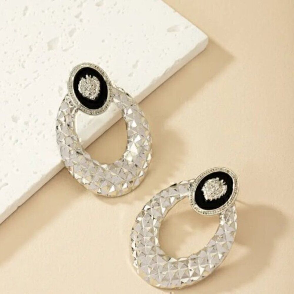 Silver Round & Lion Head Design Stud Earrings Zinc Alloy Jewelry